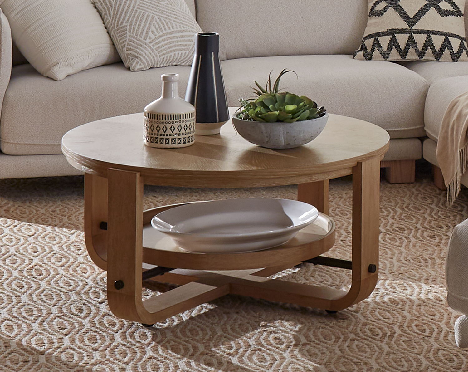 Escape - Cocktail Table Round With Shelf - Glazed Natural Oak / Black Metal Trim - Urban Living Furniture (Los Angeles, CA)