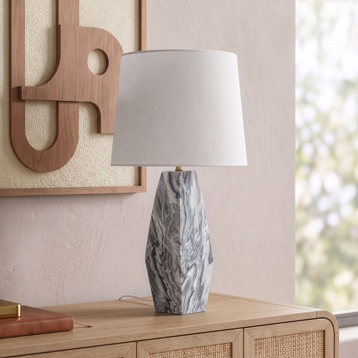 Seraphine - Genuine Marble And Linen Textured Fabric Table Lamp