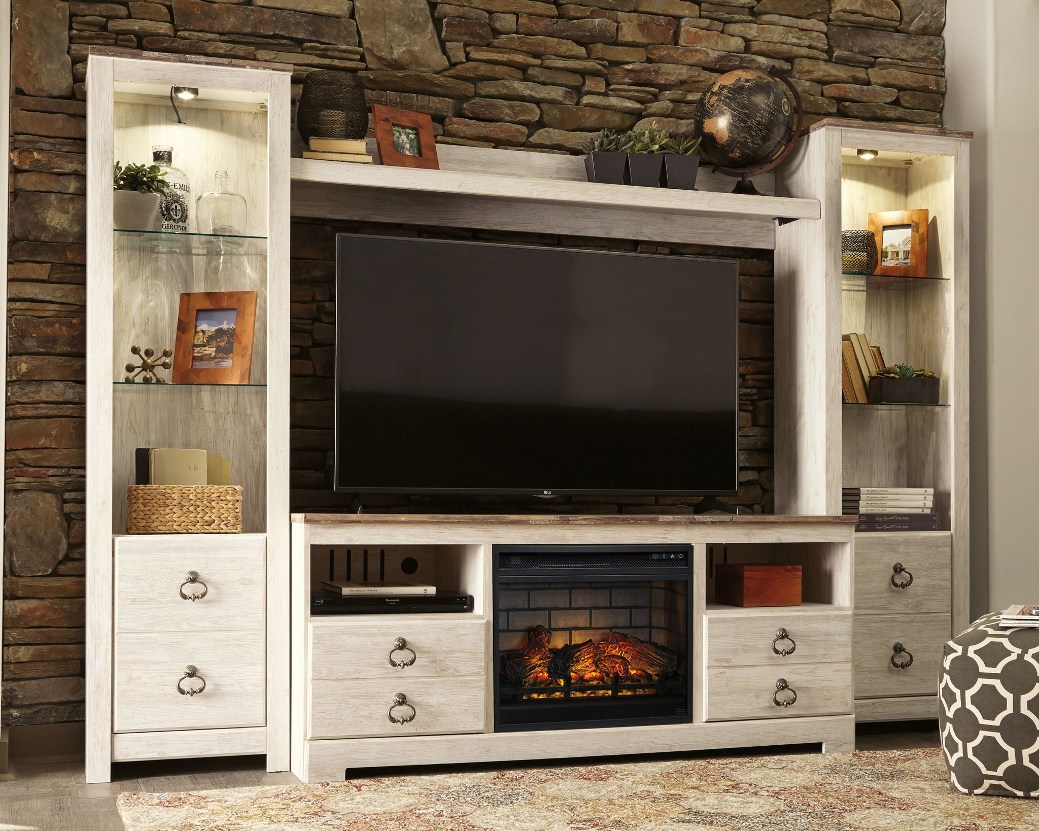 Willowton - Whitewash - Entertainment Center - TV Stand With Faux Firebrick Fireplace Insert - Urban Living Furniture (Los Angeles, CA)
