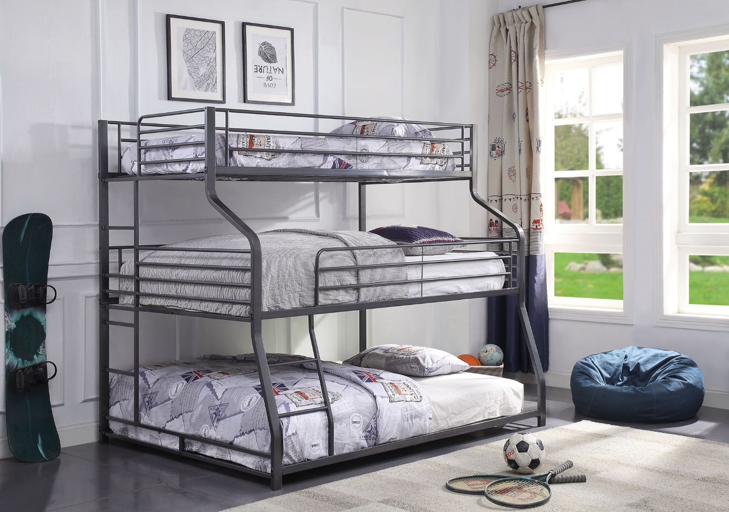 Caius II - Triple Bunk Bed - Twin Over Full Over Queen - Gunmetal - Urban Living Furniture (Los Angeles, CA)