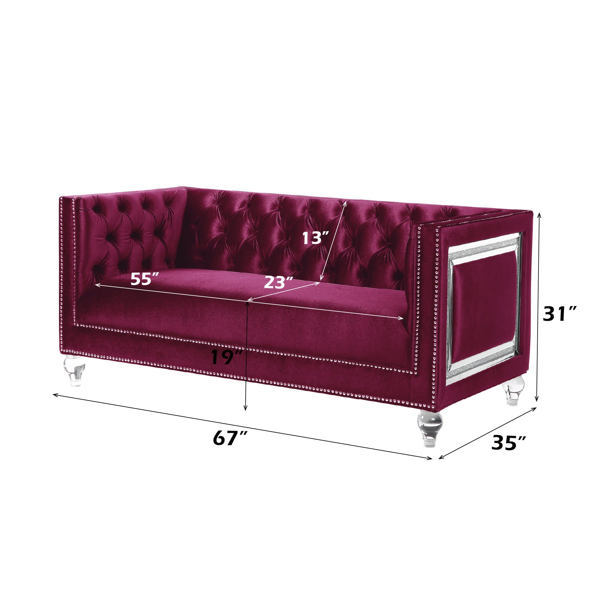 Heibero - Loveseat With 2 Pillows (Same 56896) - Burgundy Velvet