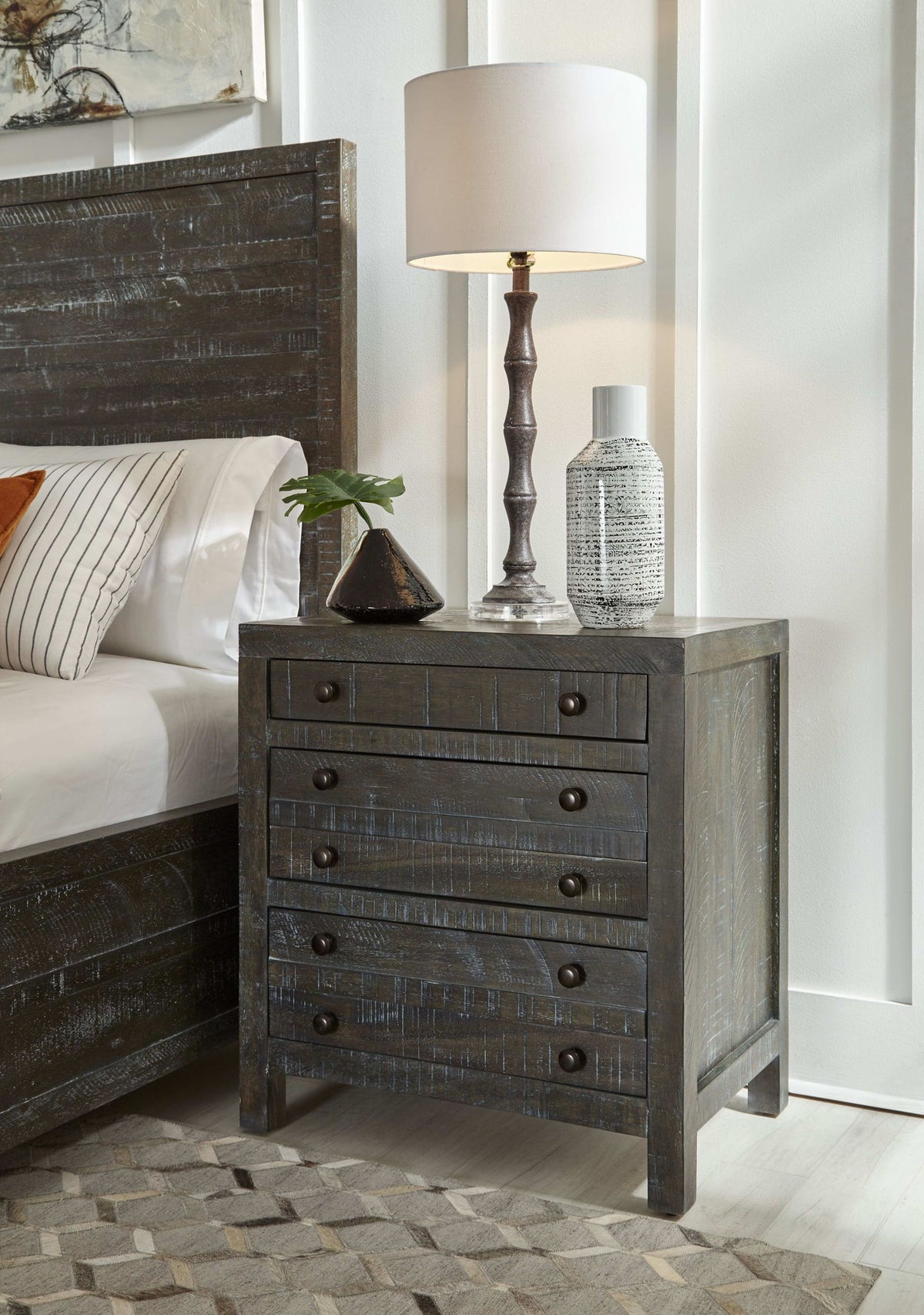 Townsend - Solid Wood Three Drawer Nighstand - Gunmetal