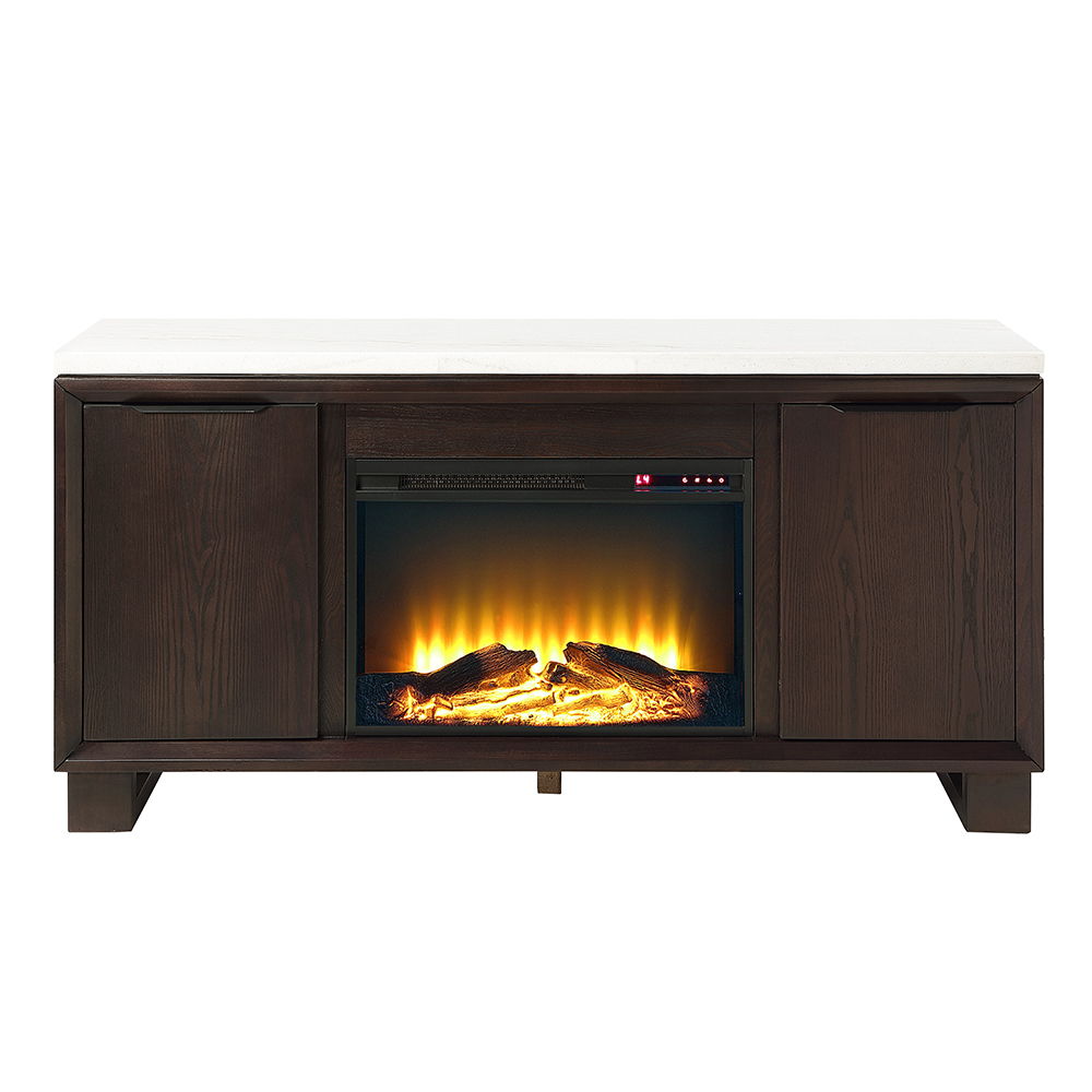Edwyn - Server With Fireplace - Natural Marble Top & Espresso