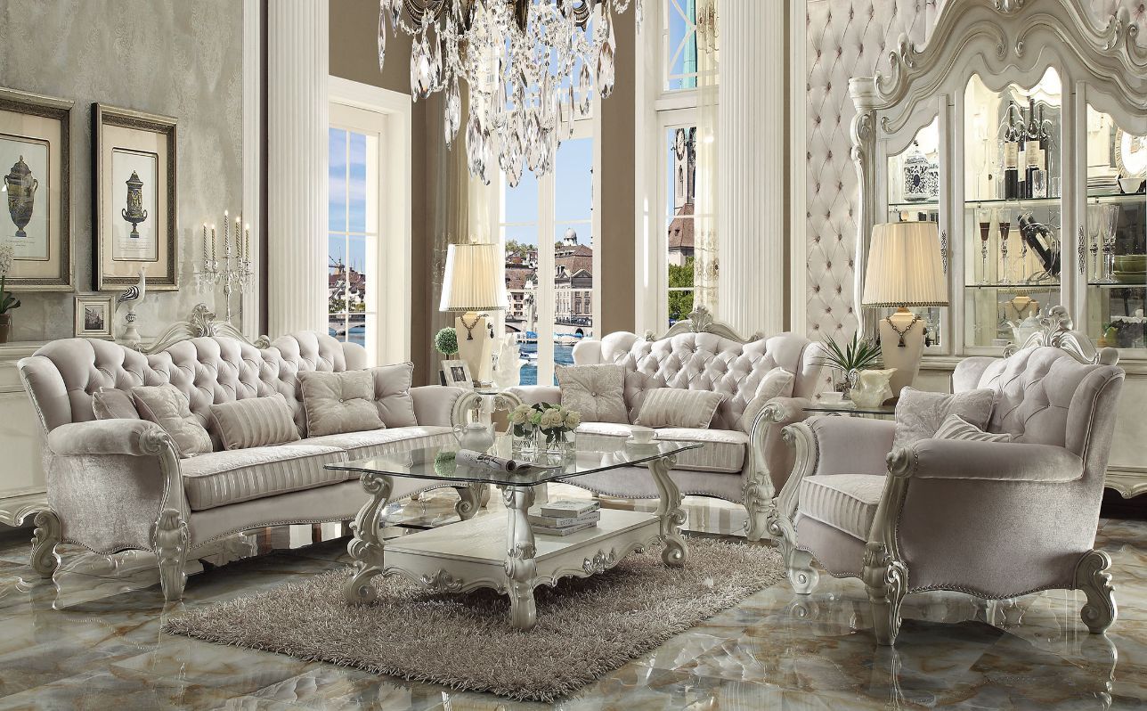 Versailles - 47" Sofa With 5 Pillows - Ivory Fabric & Bone White