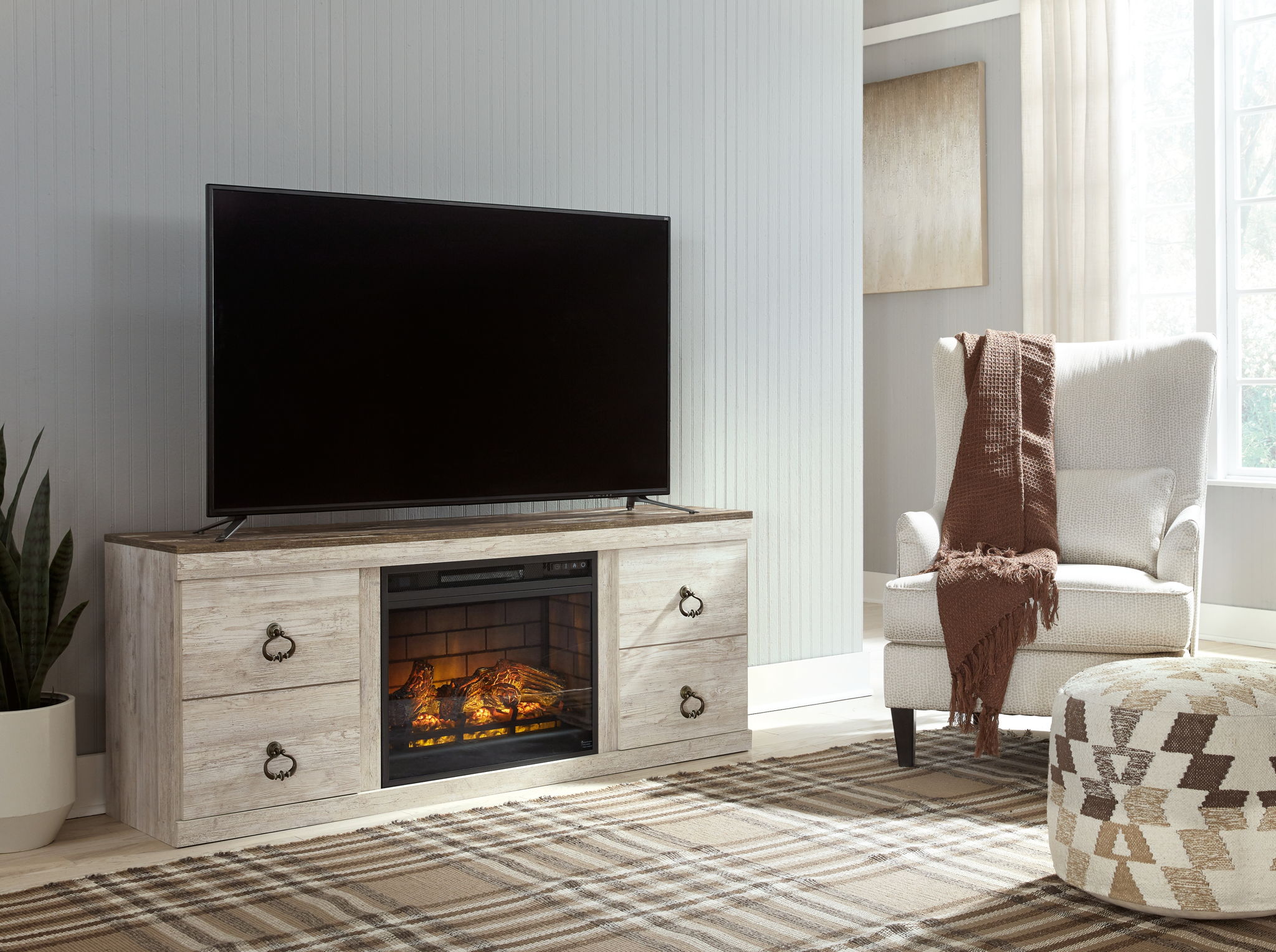 Willowton - Whitewash - 2 Pc. - TV Stand with Faux Firebrick Fireplace Insert - Urban Living Furniture (Los Angeles, CA)