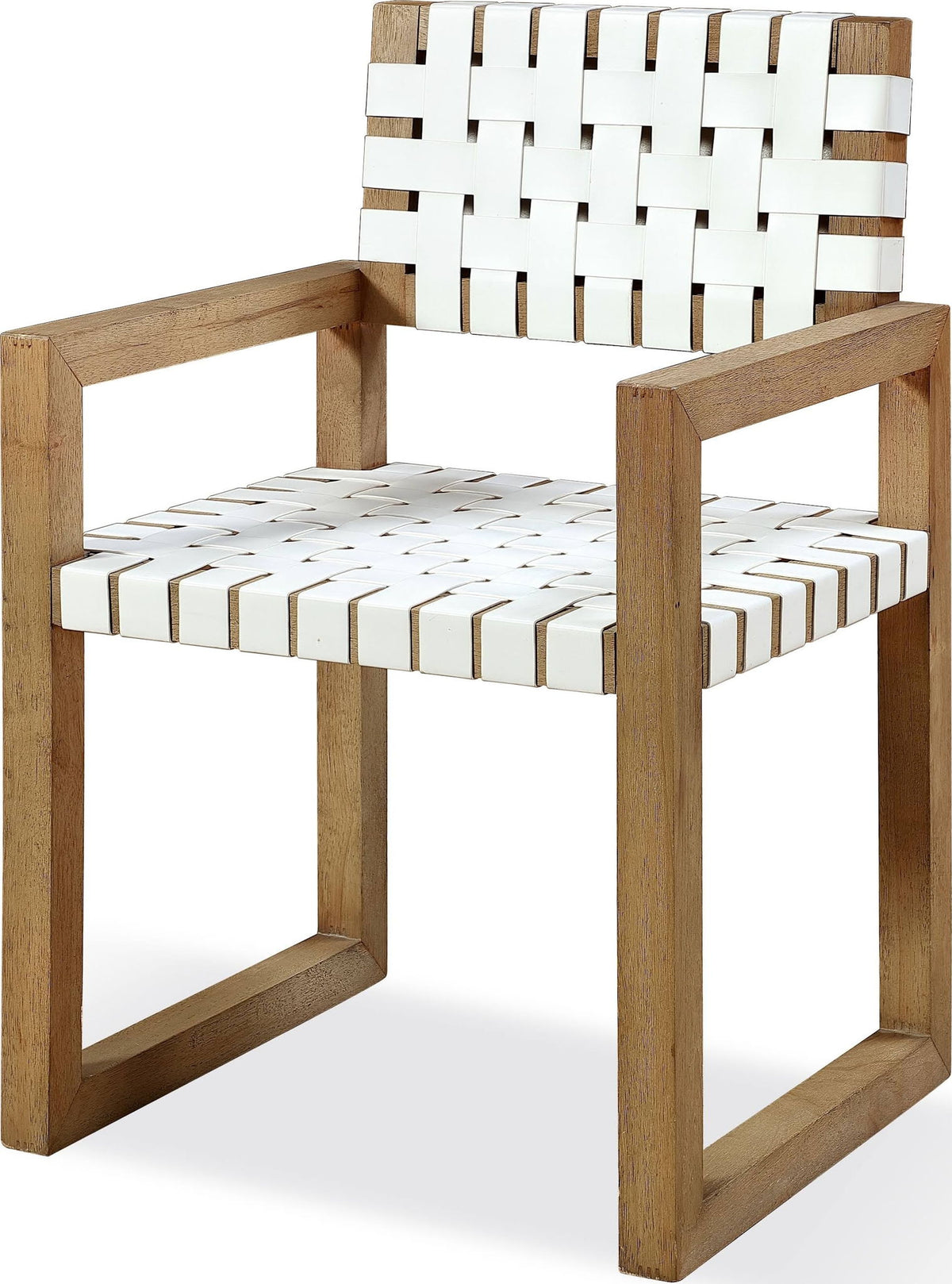 One - Woven Leather And Solid Wood Dining Arm Chair - White And Bisque