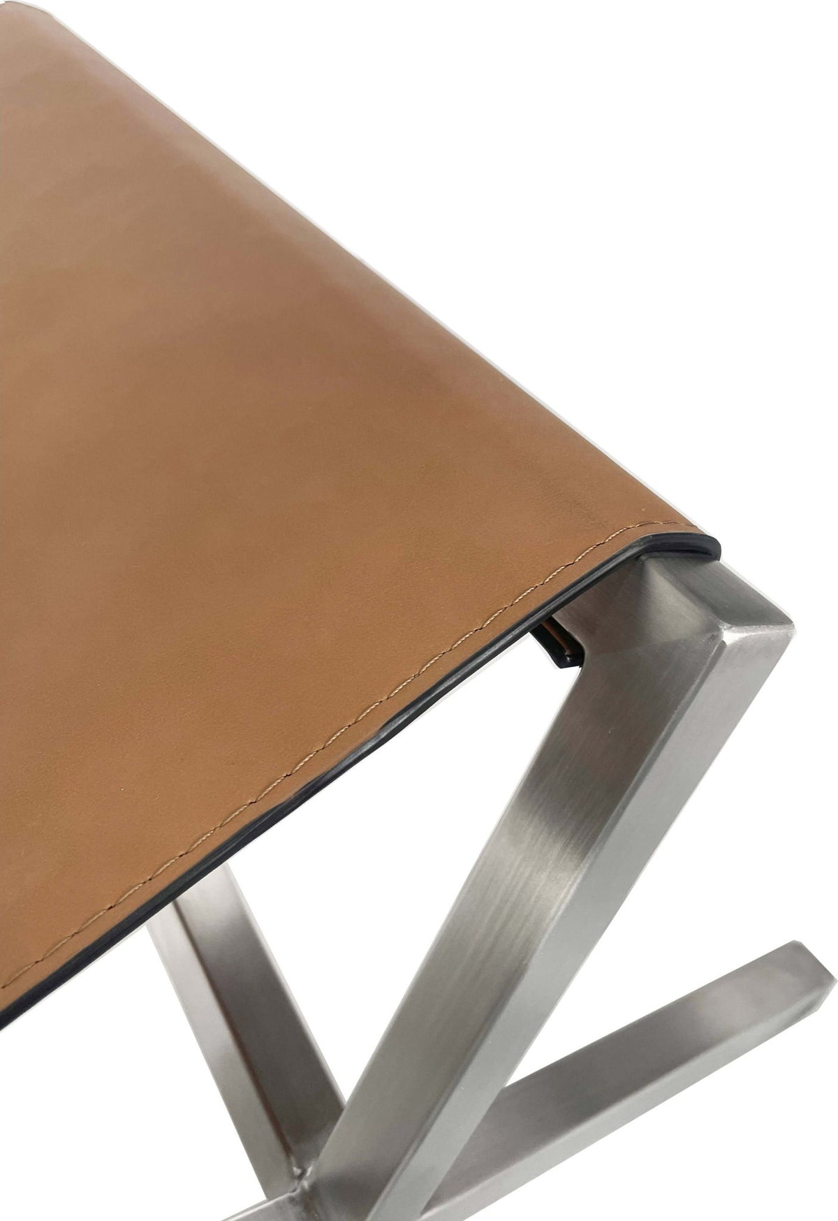 One - Modern Coastal Director's Style Leather Bench - Cognac And Brushed Stainless Steel