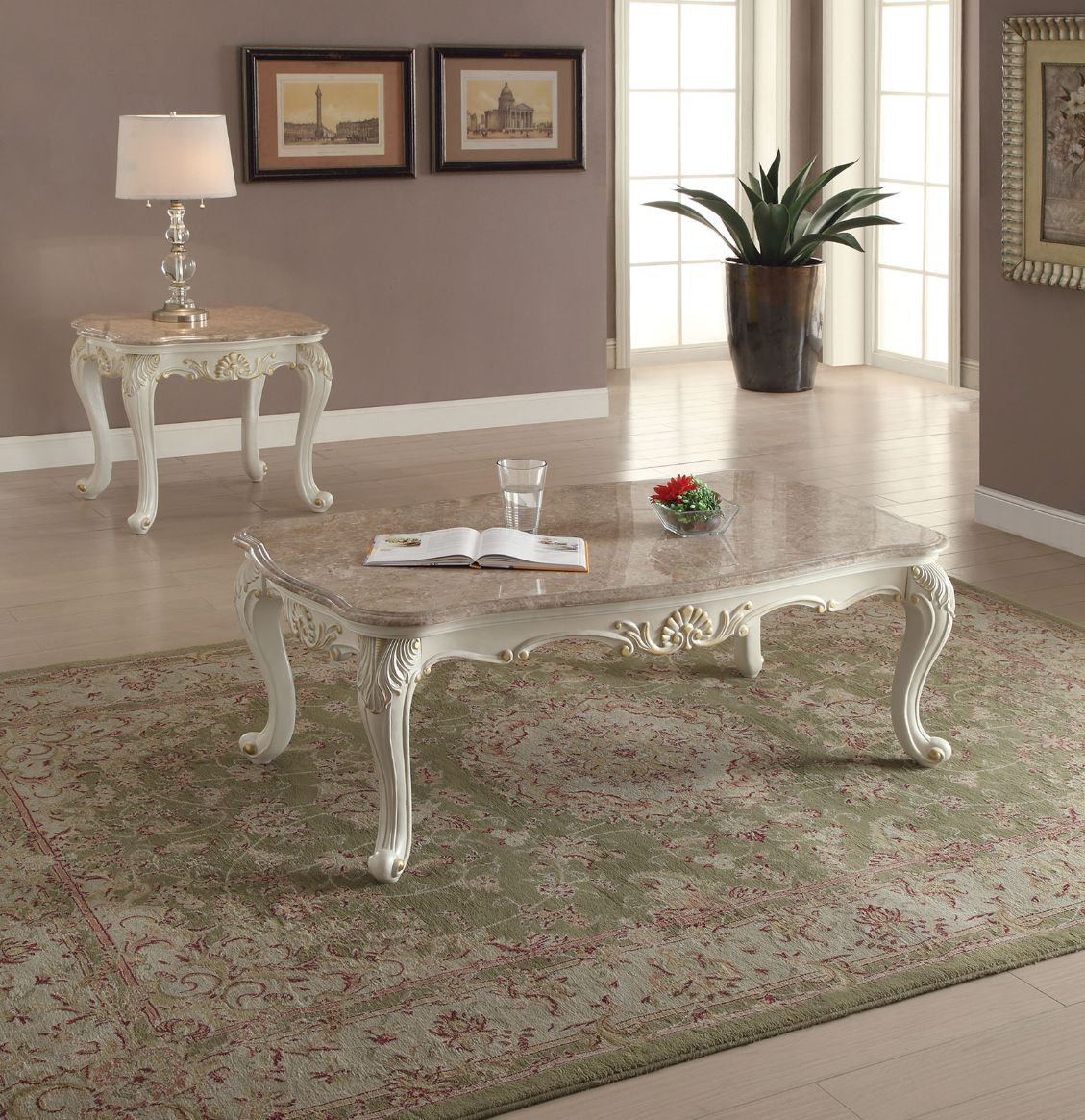 Chantelle - Coffee Table With Marble Top - Marble Top & Pearl White