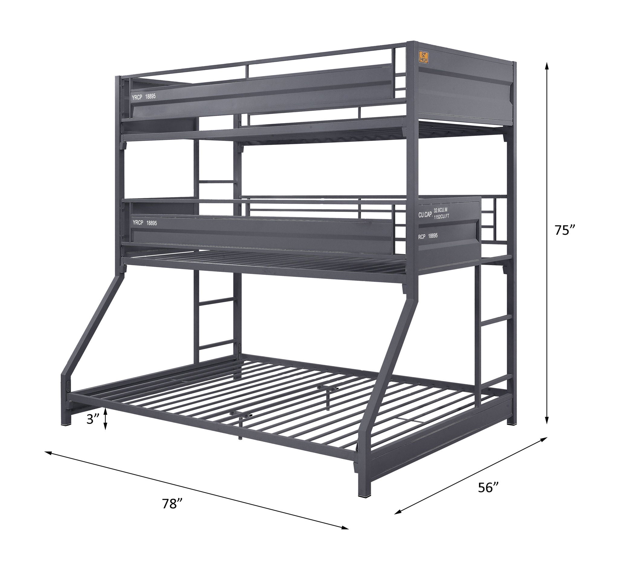 Cargo - Twin Over Twin Over Full Bunk Bed - Gunmetal - Urban Living Furniture (Los Angeles, CA)