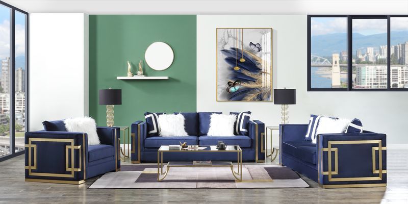 Virrux - Loveseat With 4 Pillows - Blue Velvet & Gold - Urban Living Furniture (Los Angeles, CA)