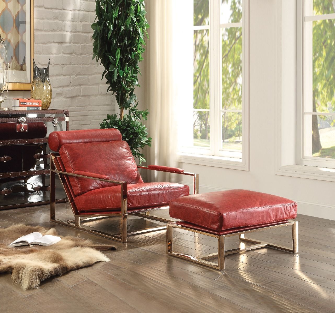 Quinto - Accent Chair - Antique Red Top Grain Leather & Stainless Steel - Urban Living Furniture (Los Angeles, CA)