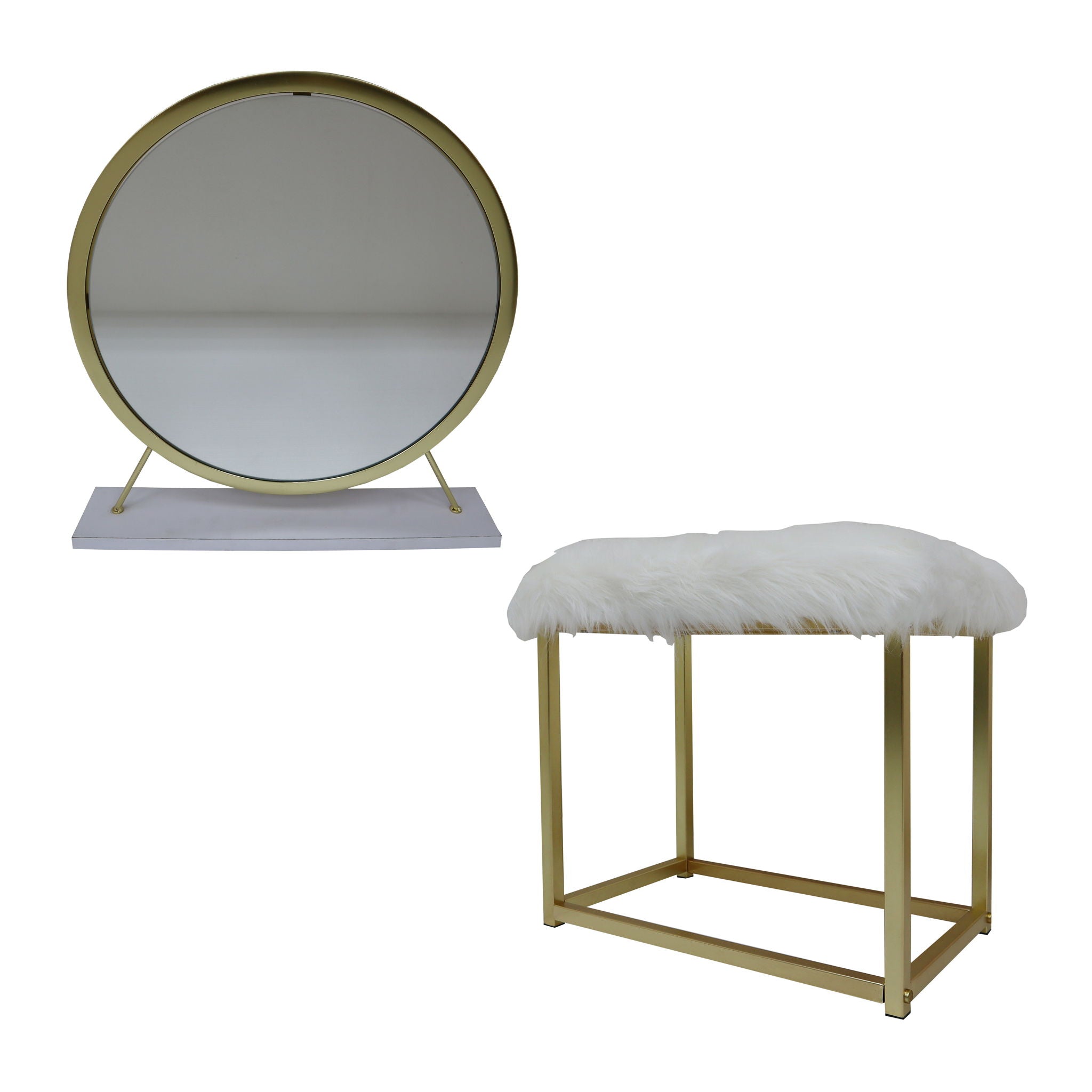 Adao - Vanity Mirror & Stool - Faux Fur, Mirror, White & Brass