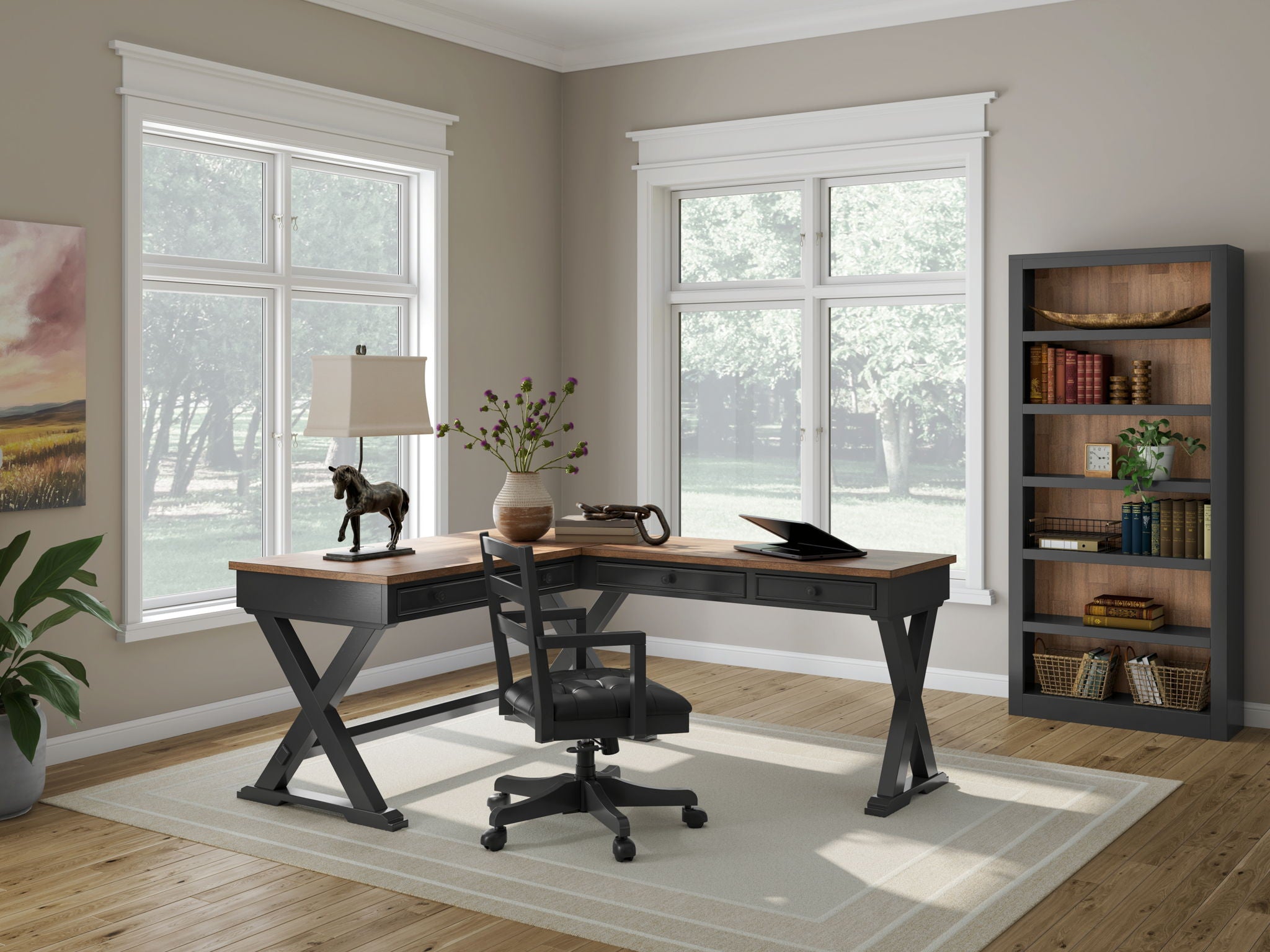 Wildenauer - Brown / Black - 4 Pc. - Home Office Desk And Return, Swivel Desk Chair, Bookcase - Urban Living Furniture (Los Angeles, CA)