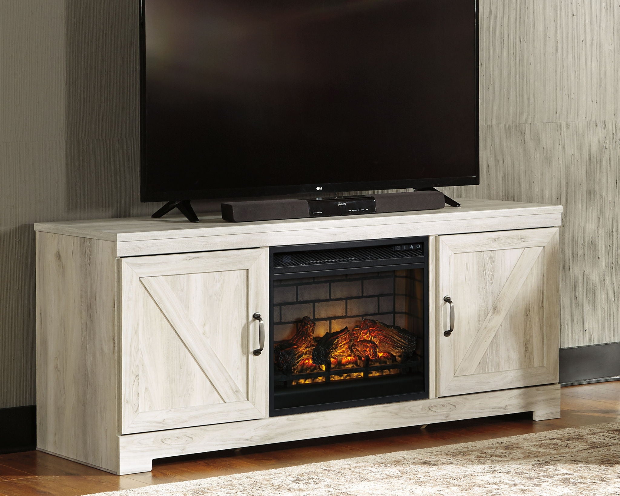 Bellaby - Whitewash - 63" TV Stand With Faux Firebrick Fireplace Insert - Urban Living Furniture (Los Angeles, CA)