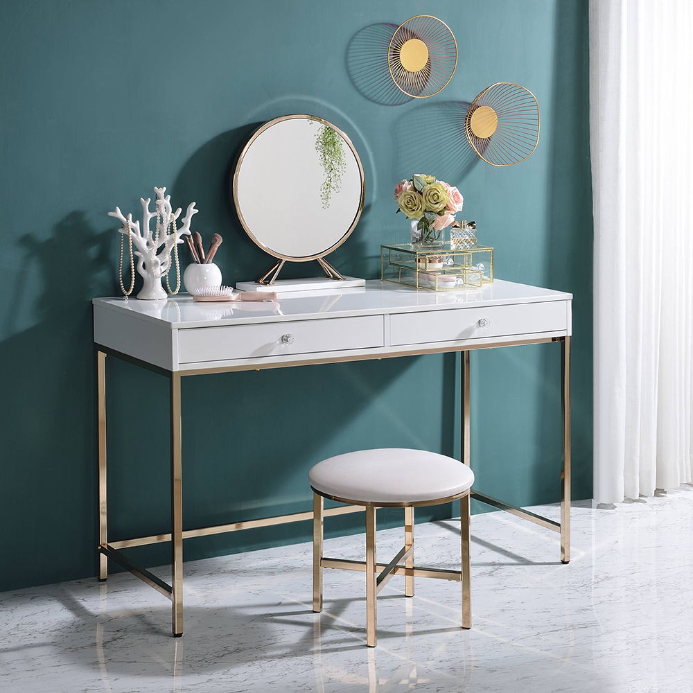 Ottey - Vanity Desk (Same 92540) - White High Gloss & Gold - Urban Living Furniture (Los Angeles, CA)