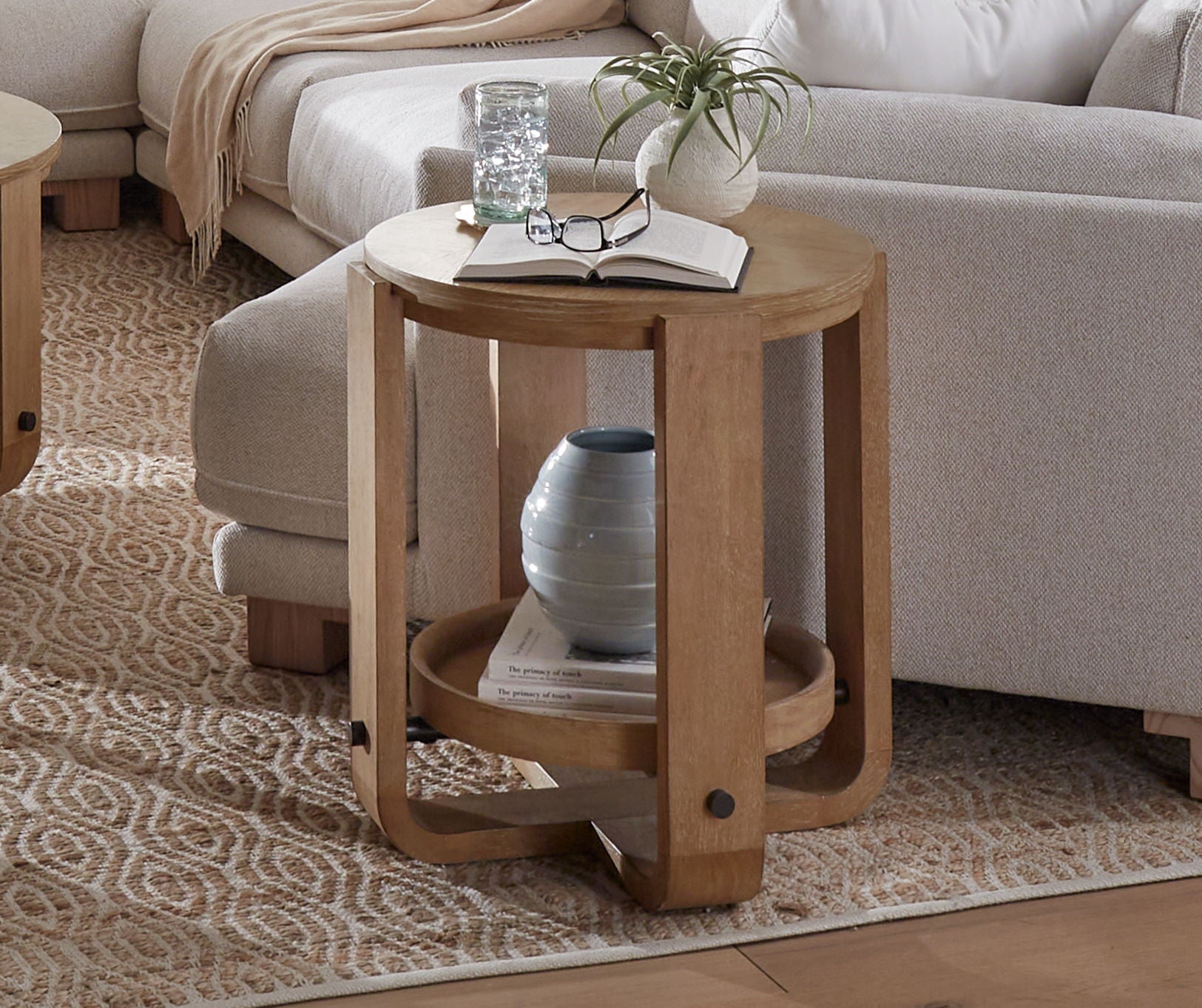 Escape - Round End Table With Shelf - Glazed Natural Oak / Black Metal Trim - Urban Living Furniture (Los Angeles, CA)