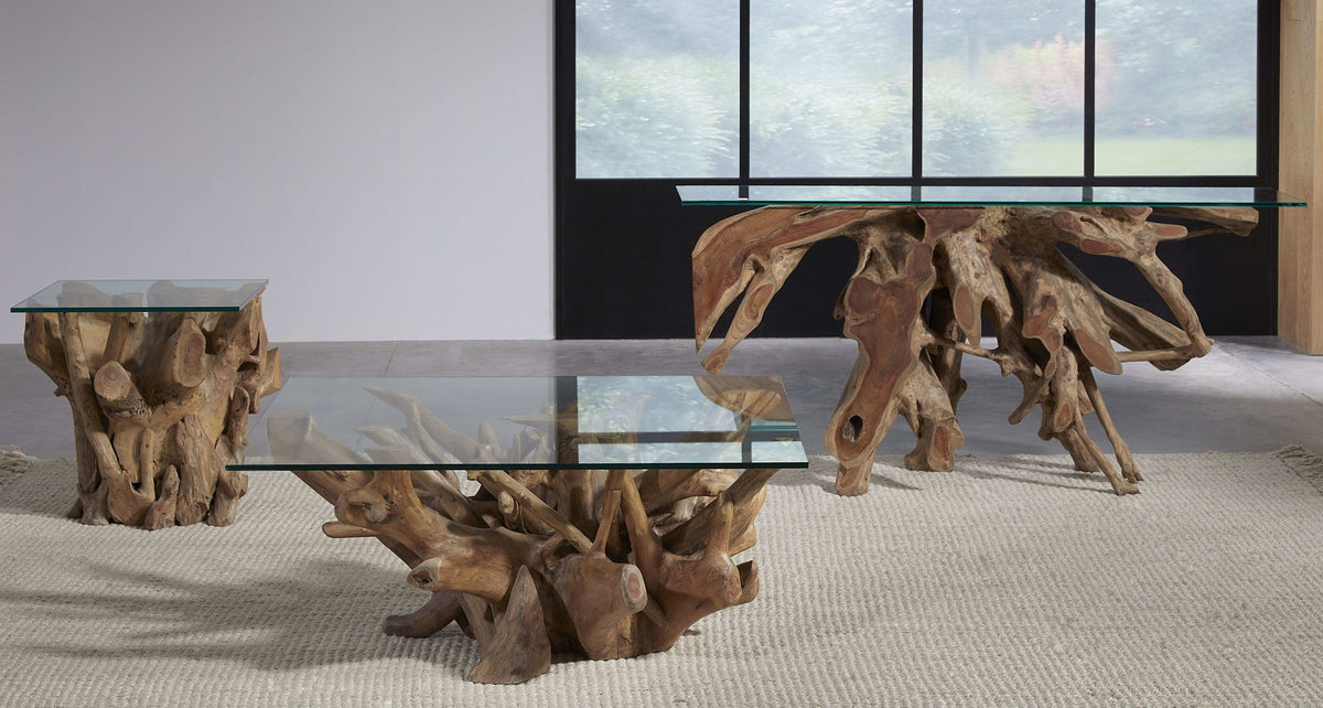 One - Solid Teak Root Glass Top Table