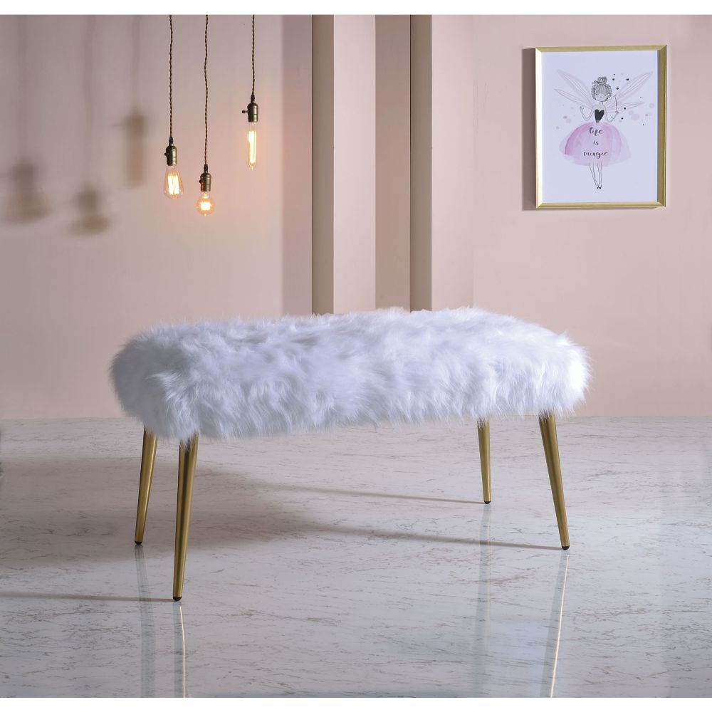 Bagley II - 20" Bench - White Faux Fur & Gold - Urban Living Furniture (Los Angeles, CA)