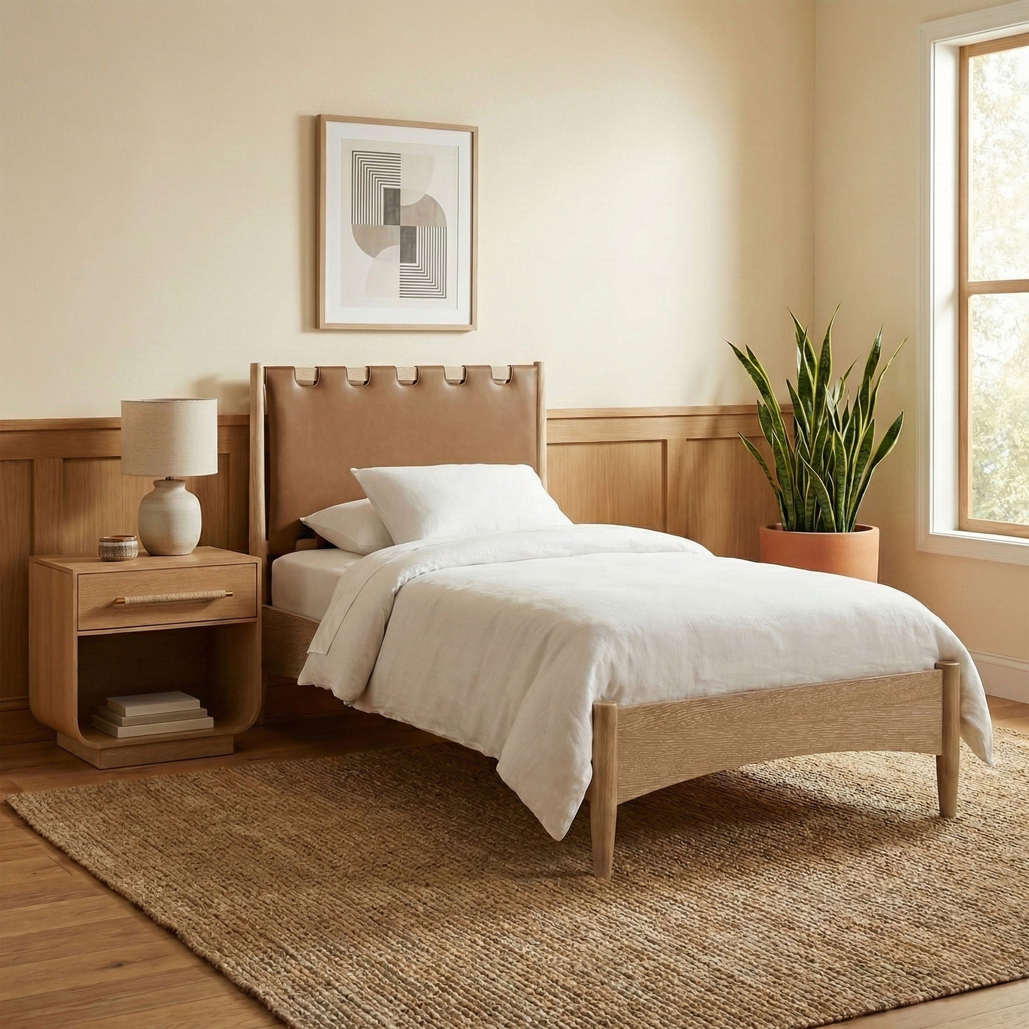 Santos - Vegan Leather Headboard And Wood Bed - Waxed Natural Frame - Urban Living Furniture (Los Angeles, CA)