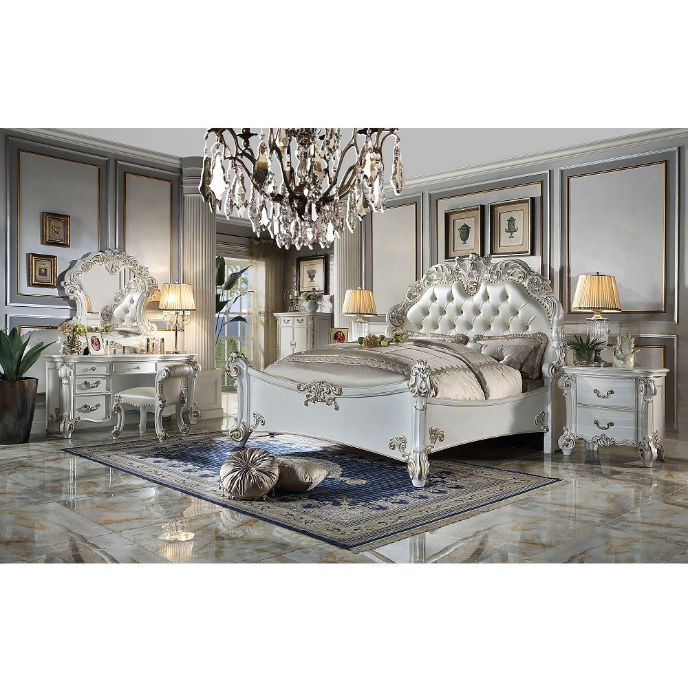 Vendome - Vanity Stool - Beige PU & Antique Silver Finish - Urban Living Furniture (Los Angeles, CA)