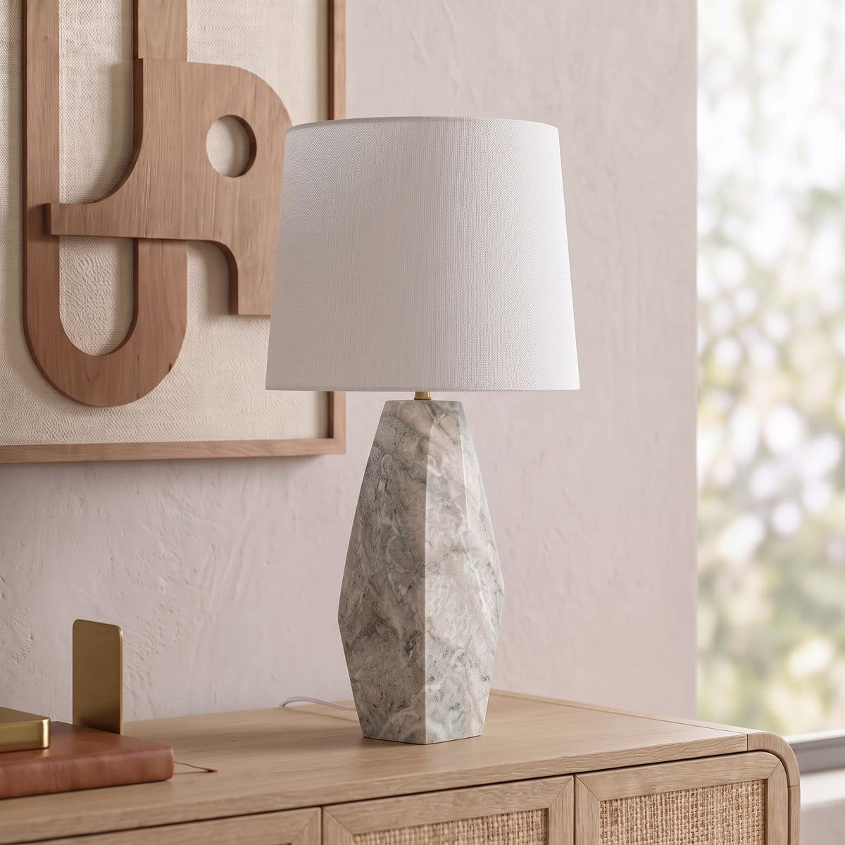 Seraphine - Genuine Marble And Linen Textured Fabric Table Lamp