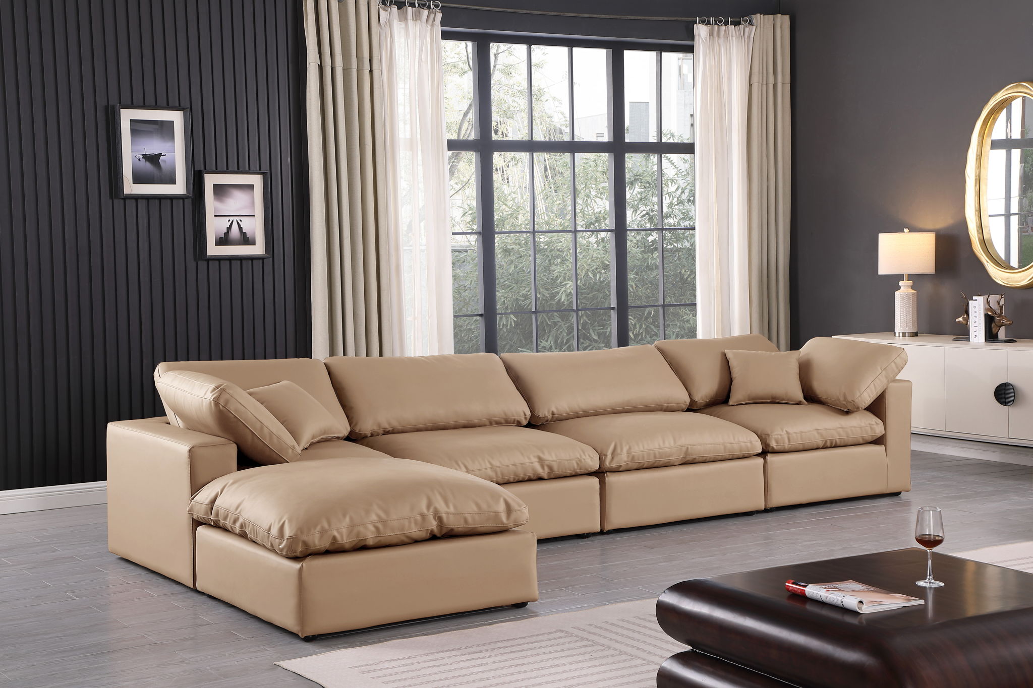 Comfy - 5 Piece Faux Leather Modular Sectional With Chaise - Tan - Urban Living Furniture (Los Angeles, CA)