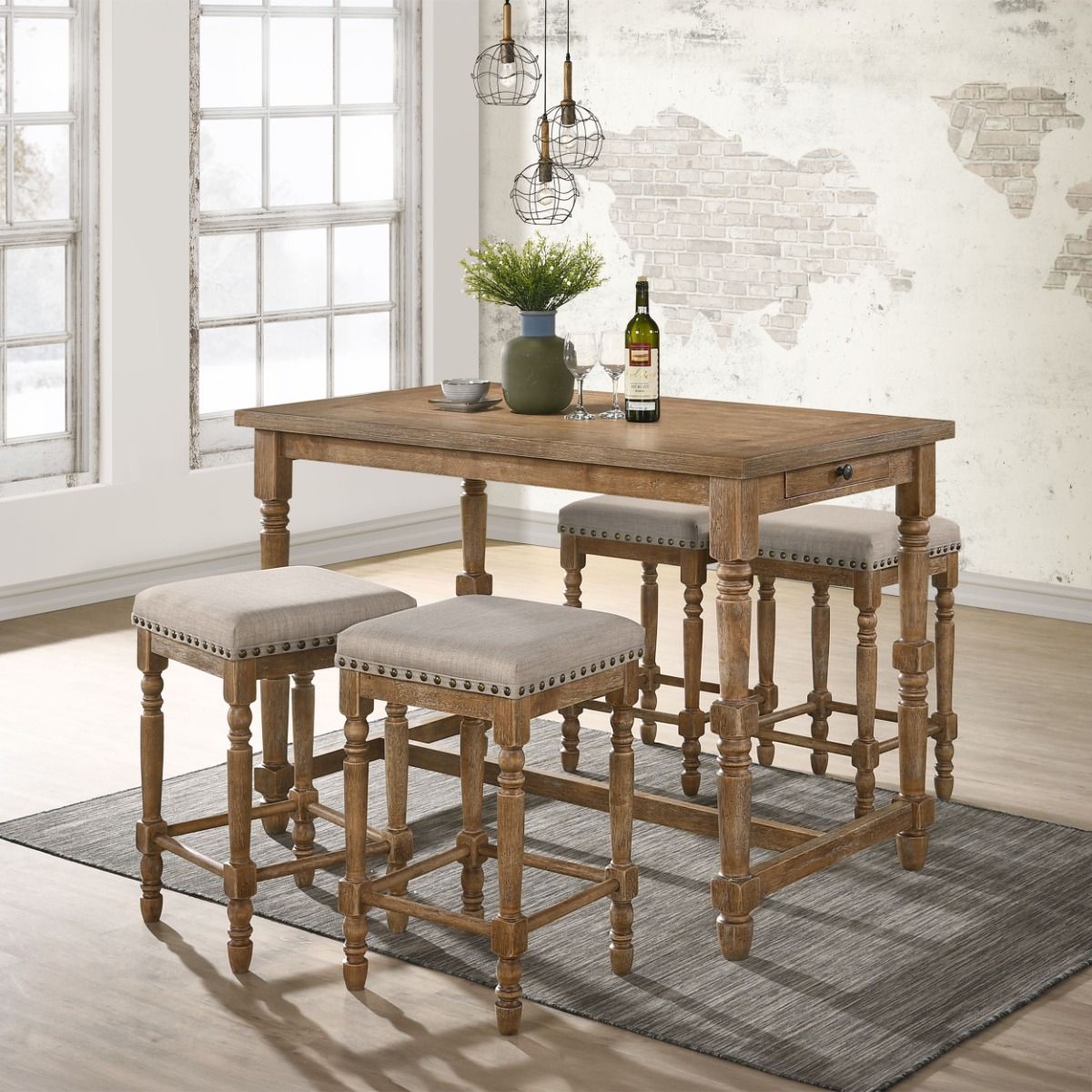 Farsiris - Counter Height Stool (Set of 2) - Beige Fabric & Weathered Oak