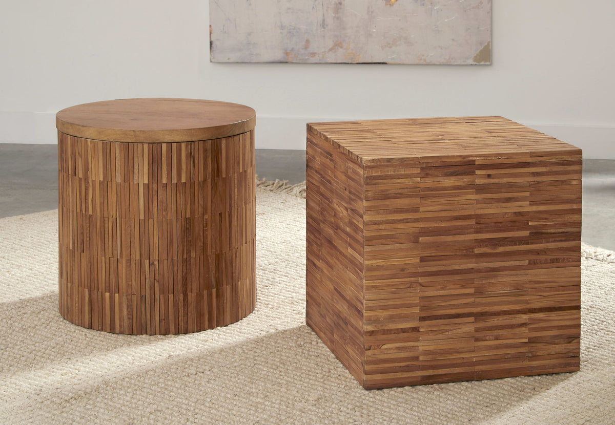 One - Wood Tile Round End Table - Solid Teak