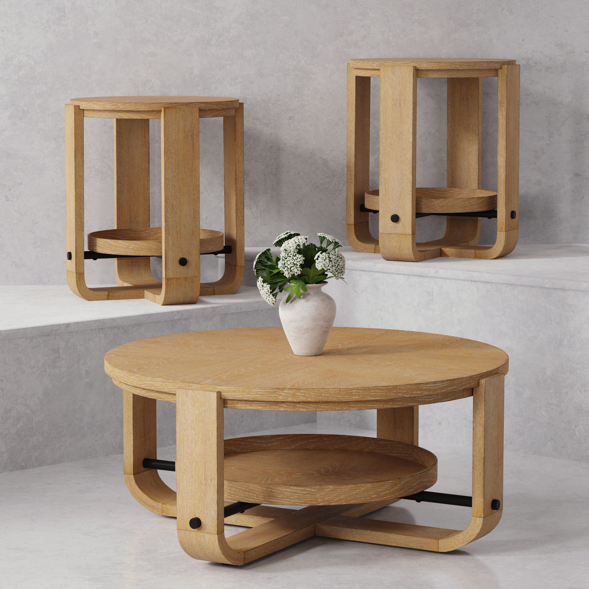 Escape - 3 Piece Occasional Table Set - Glazed Natural Oak / Black Metal Trim - Urban Living Furniture (Los Angeles, CA)