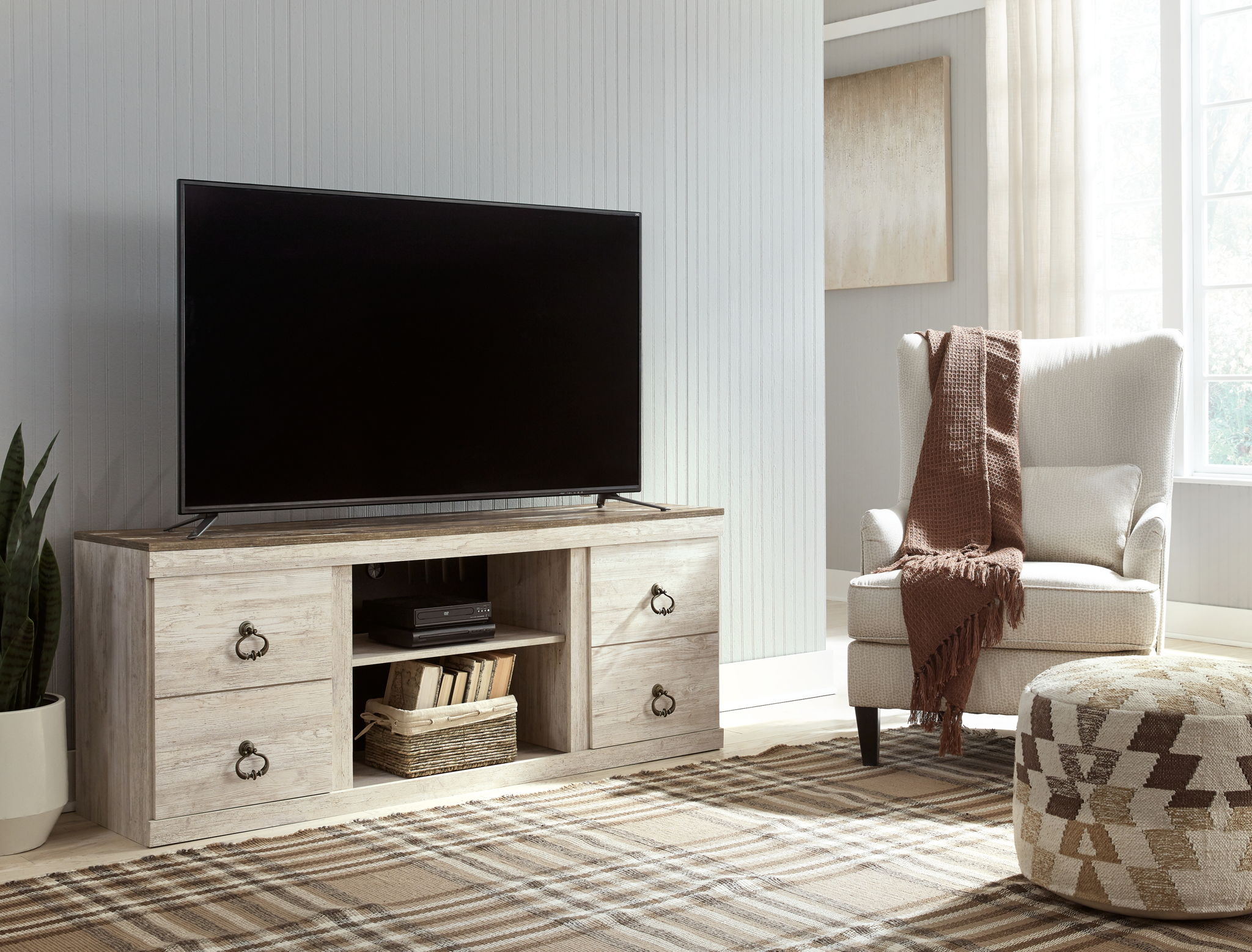 Willowton - Whitewash - 2 Pc. - TV Stand with Faux Firebrick Fireplace Insert - Urban Living Furniture (Los Angeles, CA)