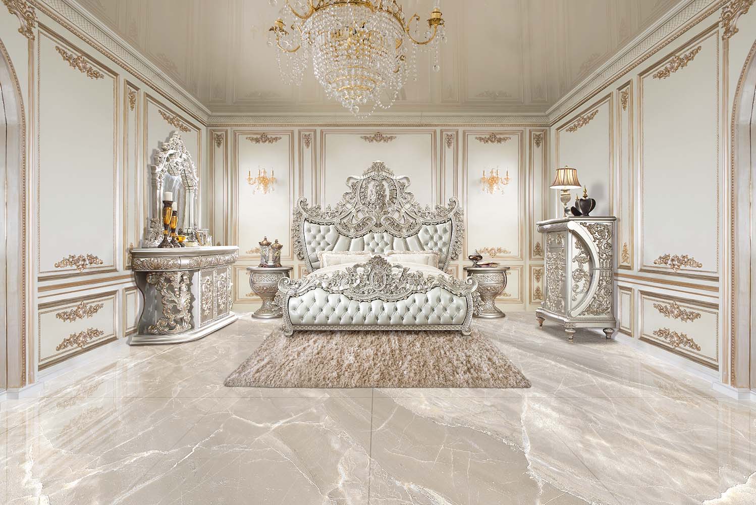 Sandoval - Eastern King Bed - Beige Synthetic Leather & Champagne - Urban Living Furniture (Los Angeles, CA)