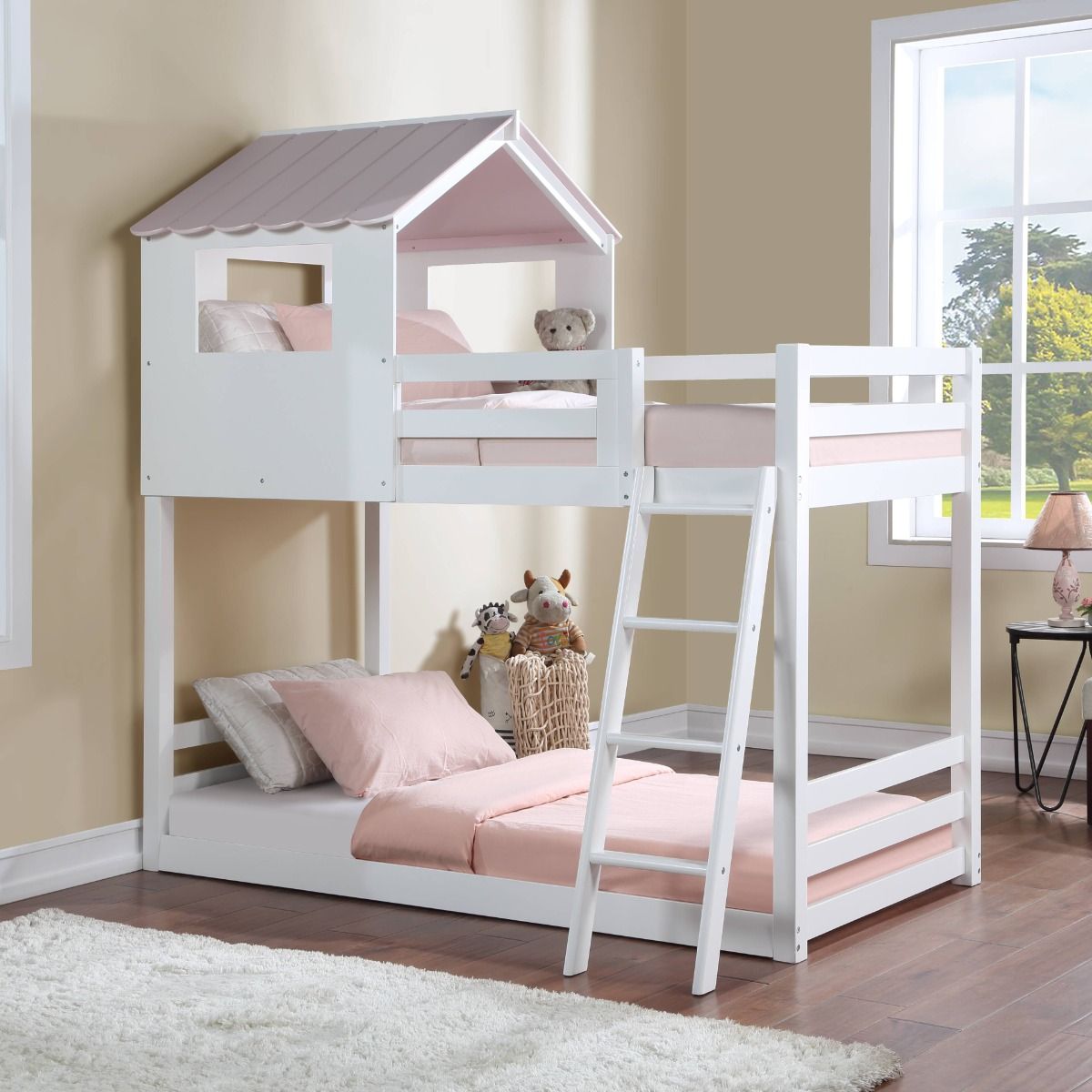 Solenne - Twin Over Twin Bunk Bed - White & Pink - Urban Living Furniture (Los Angeles, CA)