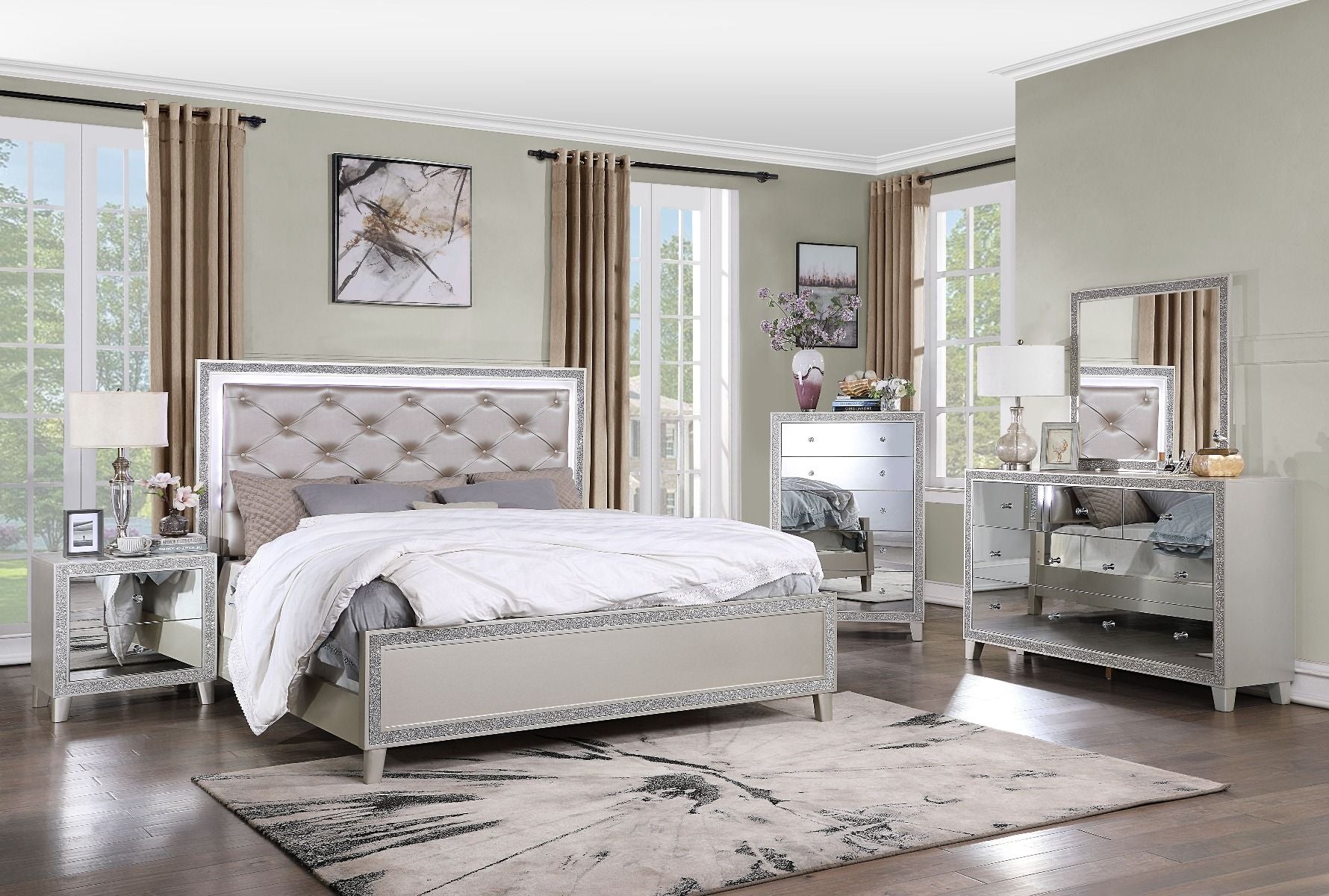 Sliverfluff - Eastern King Bed With LED - Synthetic Leather & Champagne