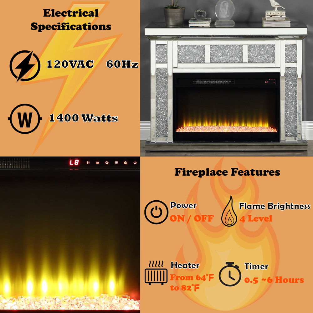 Noralie - 39" X 12" Fireplace - Mirrored & Faux Diamonds - Urban Living Furniture (Los Angeles, CA)