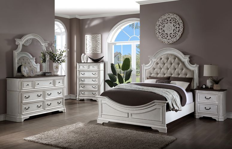 Florian - Queen Bed - Beige Synthetic Leather & Antique White