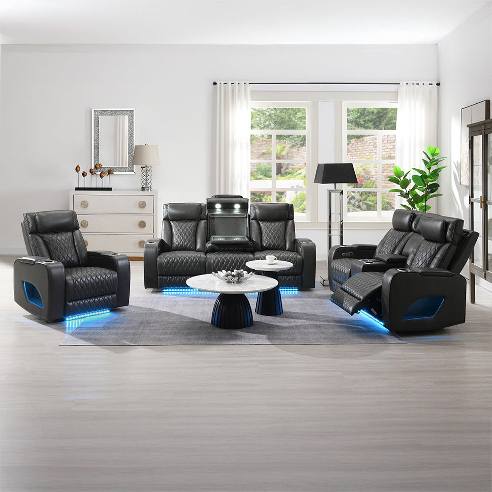 Taddeo - Power Motion Sofa With Power Headrest, USB, Wireless Charger, LED & Reading Light - Dark Gray