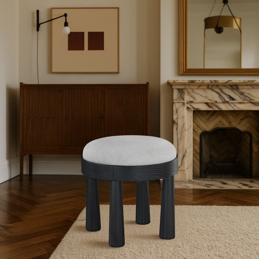 Larea - Linen Textured Fabric Ottoman - Black Base