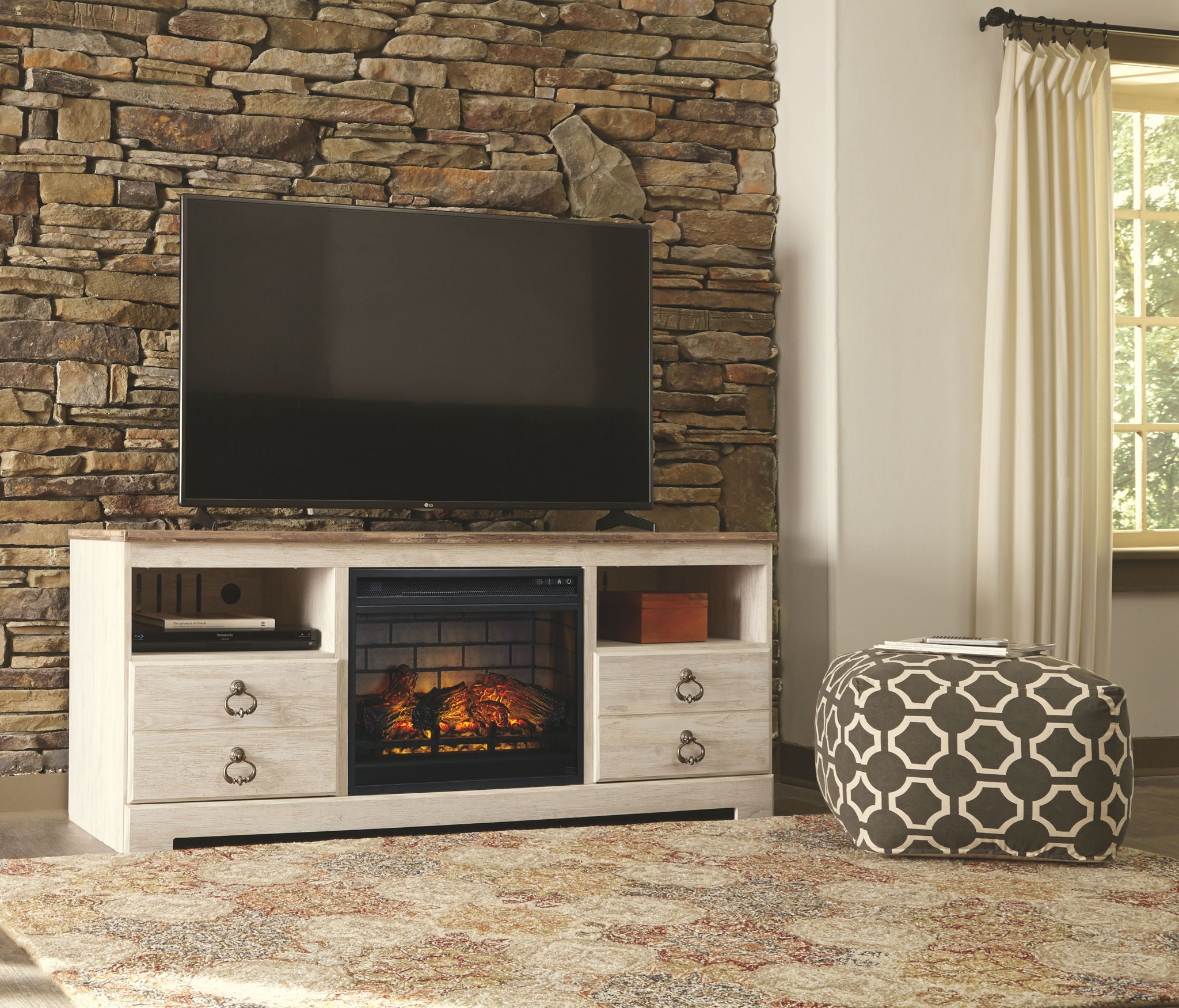 Willowton - Whitewash - 2 Pc. - 64" TV Stand with Faux Firebrick Fireplace Insert - Urban Living Furniture (Los Angeles, CA)