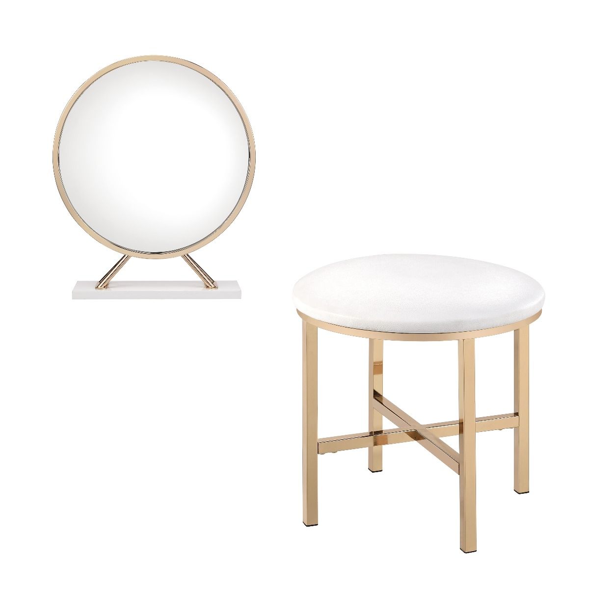 Midriaks - Mirror & Stool - Synthetic Leather , White & Gold - Urban Living Furniture (Los Angeles, CA)
