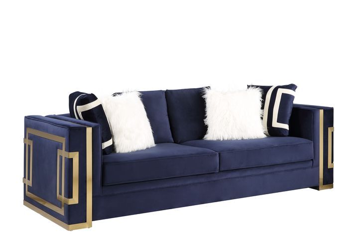 Virrux - Sofa With 6 Pillows - Blue Velvet & Gold - Urban Living Furniture (Los Angeles, CA)