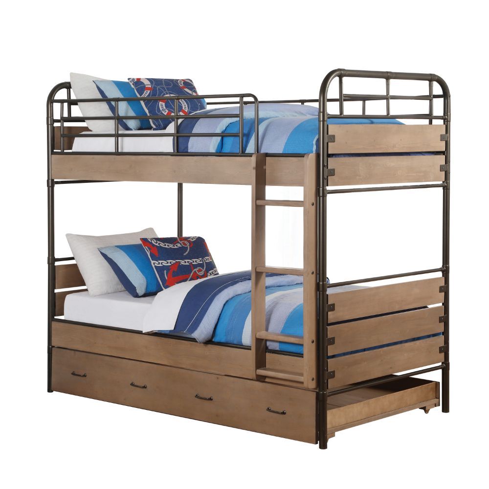 Adams - Twin Over Twin Bunk Bed & Trundle - Antique Oak & Gunmetal - Urban Living Furniture (Los Angeles, CA)