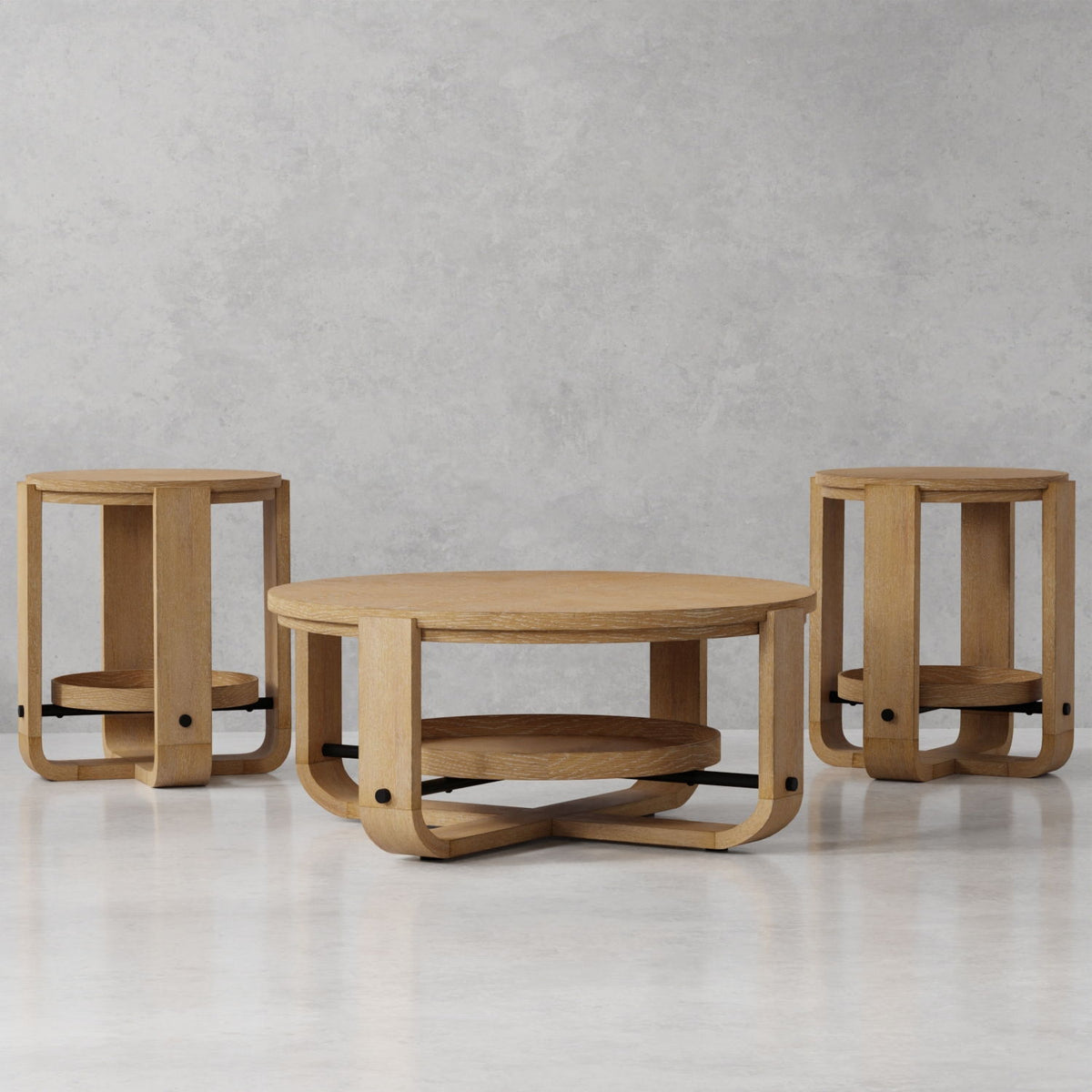 Escape - 3 Piece Occasional Table Set - Glazed Natural Oak / Black Metal Trim