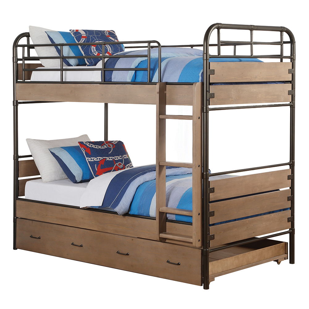 Adams - Twin Over Twin Bunk Bed With Trundle - Antique Oak & Gunmetal - Urban Living Furniture (Los Angeles, CA)