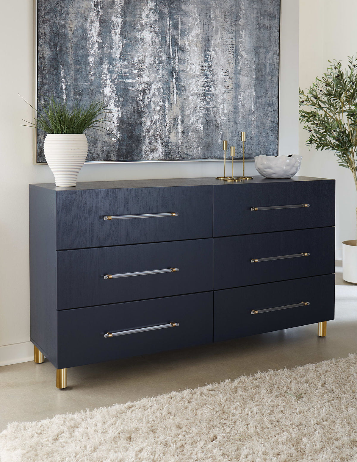 Argento - Six Drawer Dresser - Navy Blue And Burnished Brass (2024)