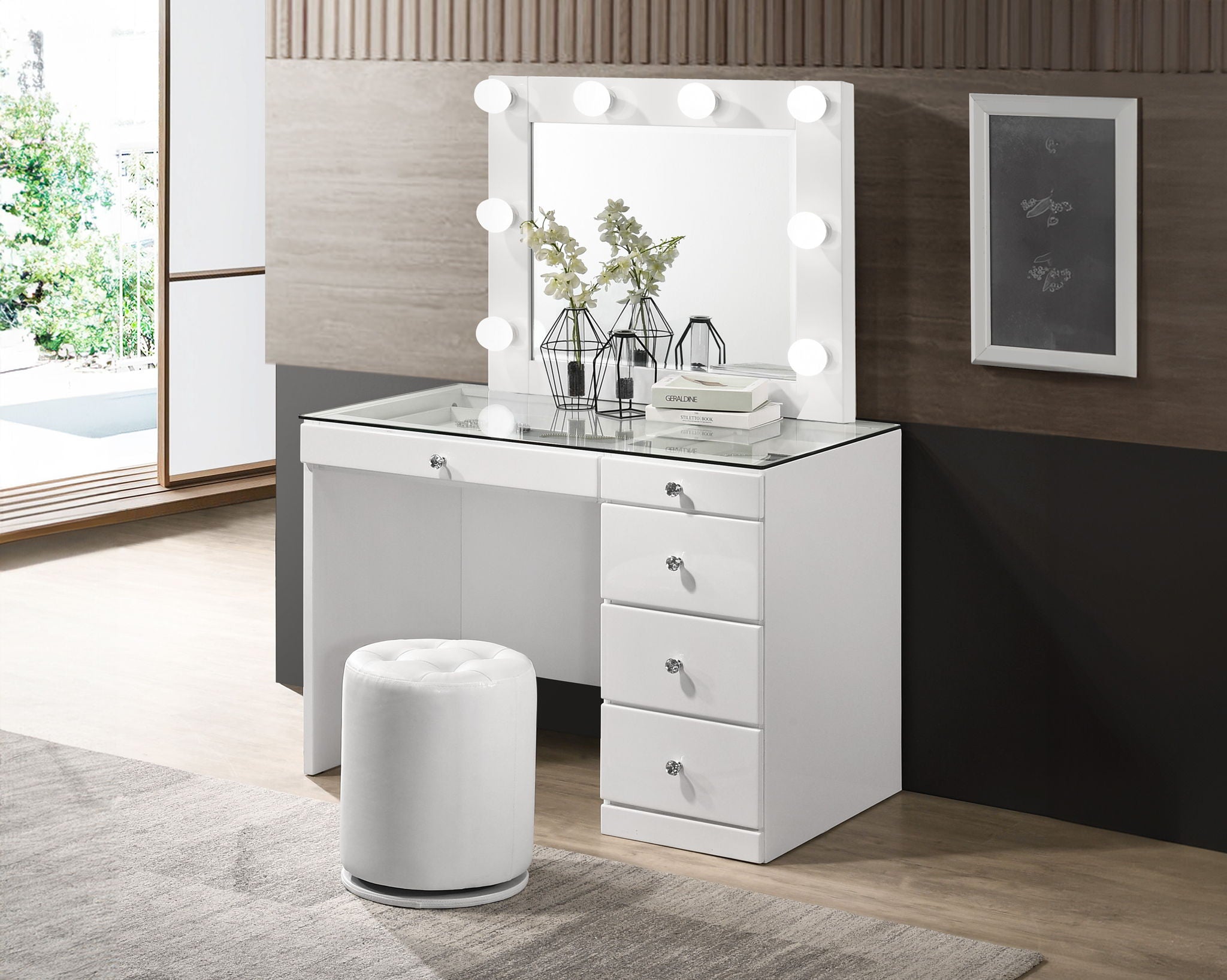 Morgan - Vanity Desk With Glass Top, LED Luxo Mirror & Stool - White - Urban Living Furniture (Los Angeles, CA)