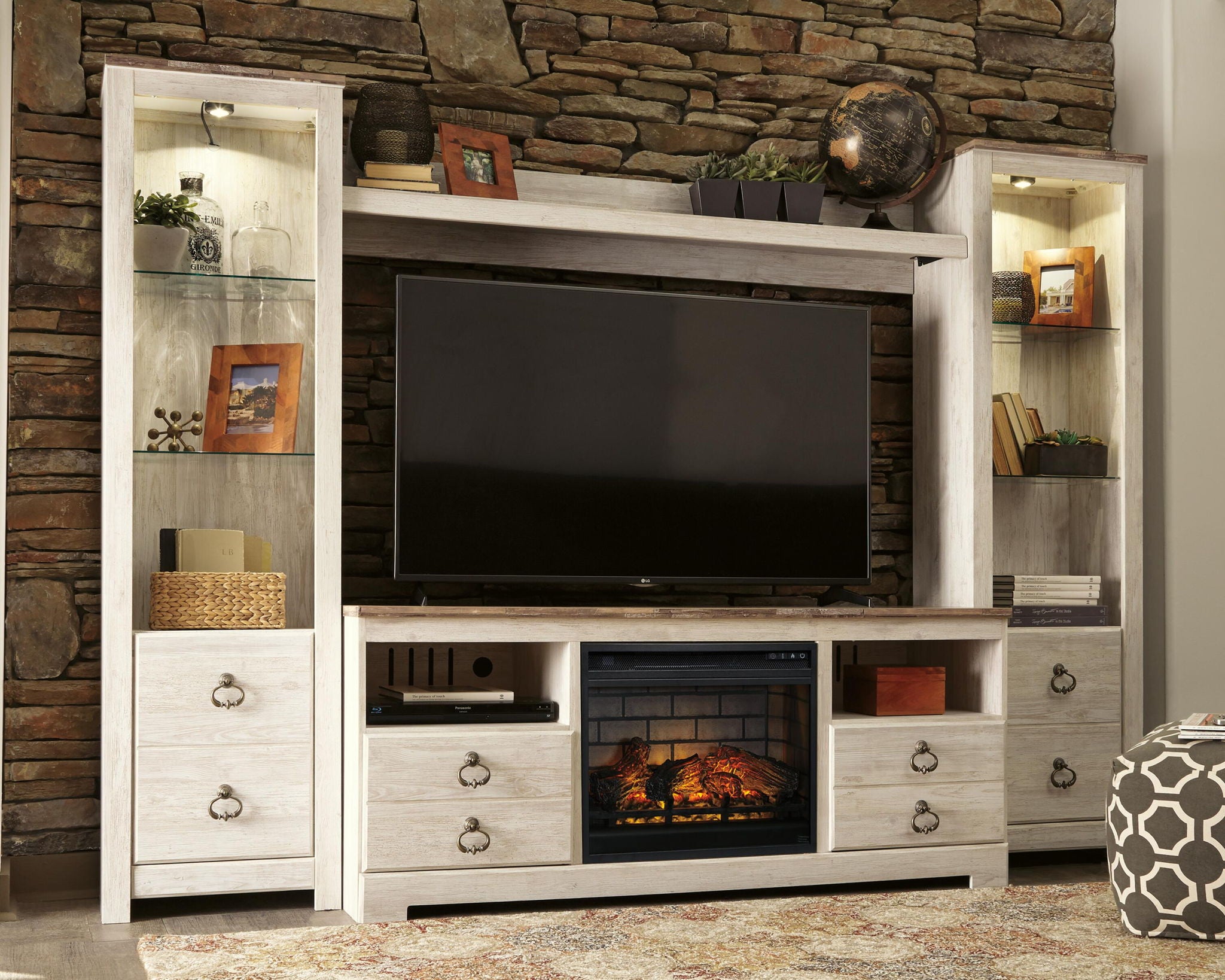 Willowton - Entertainment Center - TV Stand With Faux Firebrick Fireplace Insert - Whitewash - Urban Living Furniture (Los Angeles, CA)