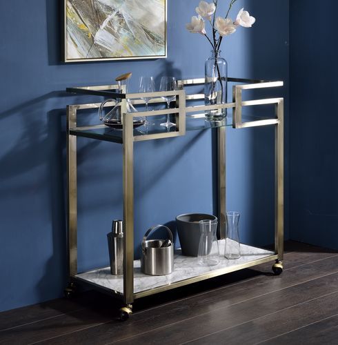 Neilo - Serving Cart - Clear Glass, Faux Marble Top & Wire Brass - Urban Living Furniture (Los Angeles, CA)