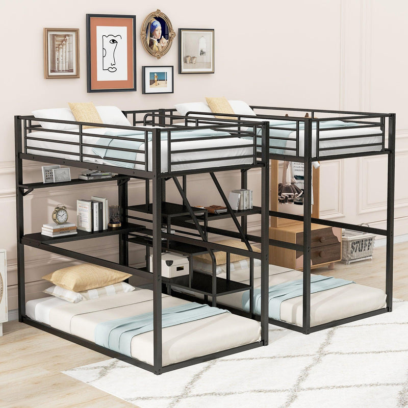 Double Twin over Twin Metal Bunk Bed with Desk Shelves andStorage Staircase - Black