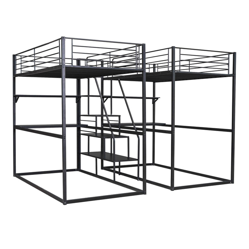 Double Twin over Twin Metal Bunk Bed with Desk Shelves andStorage Staircase - Black