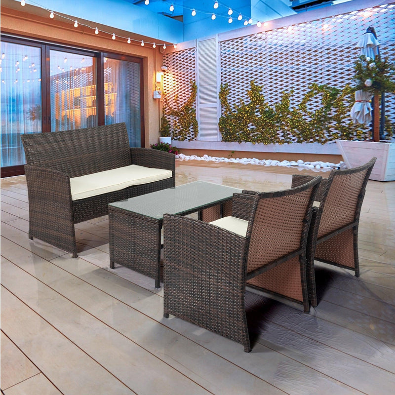 4 PCS Outdoor Rattan Sofas with Table Set, Soft Cushions and Tempered Glass Coffee Table